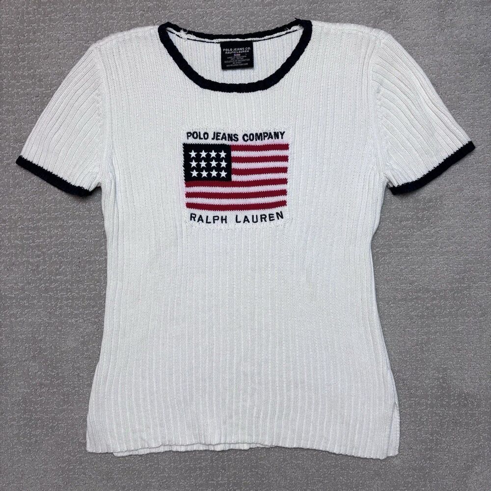 VTG 90s Y2K Polo Jeans Co Ralph Lauren Flag Ribbed Top Americana Blockette Sz L